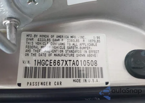 1996 Honda Accord Ex/Ex-R from USA, damaged, VIN 1HGCE667XTA010508